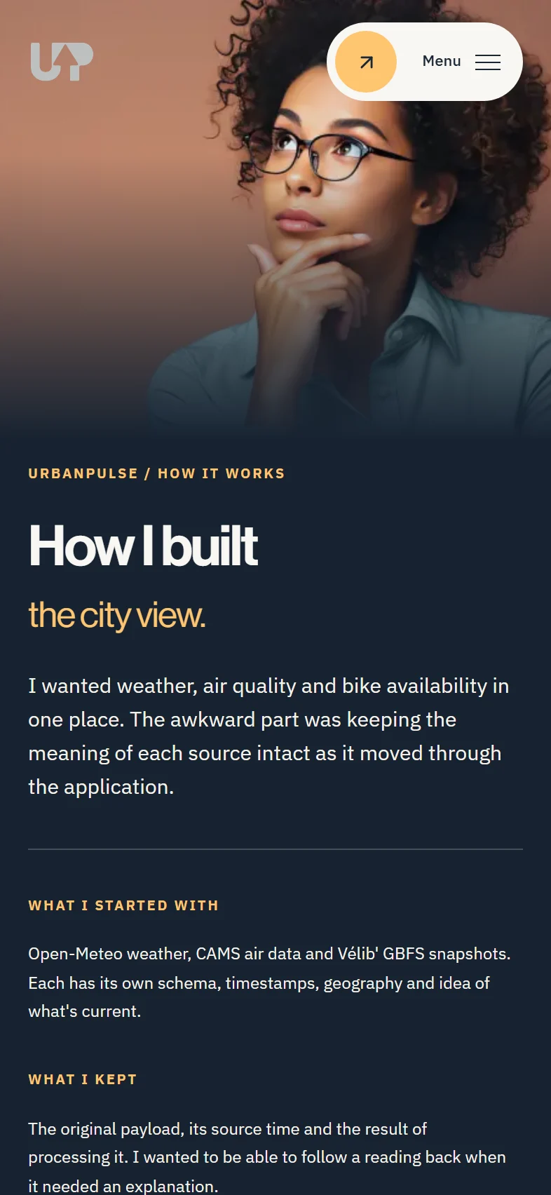 UrbanPulse architecture page on mobile showing analytical models for weather, air quality, bike stations and joined city signals