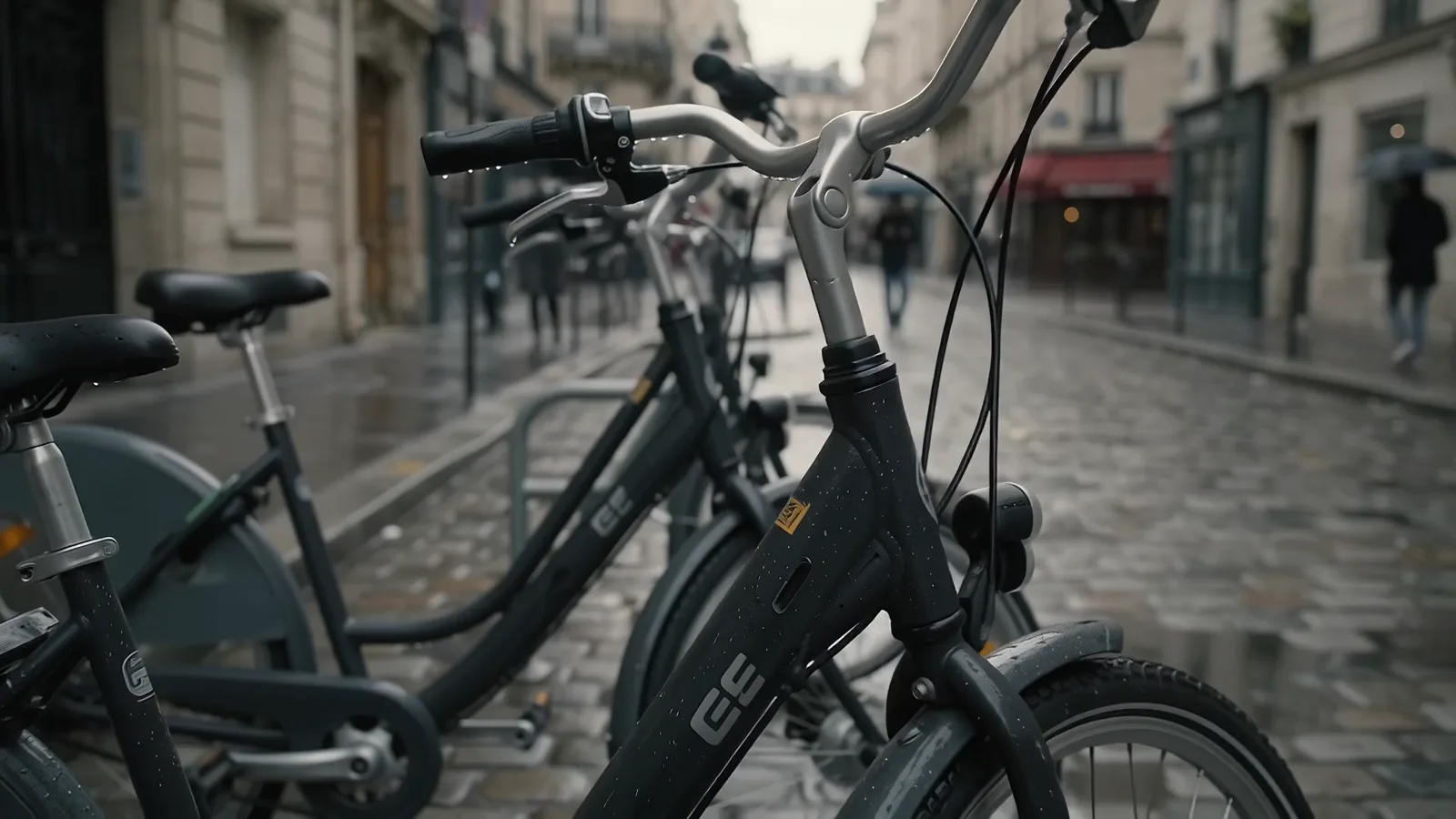Bicycles beside a wet city street, with people walking between the buildings.