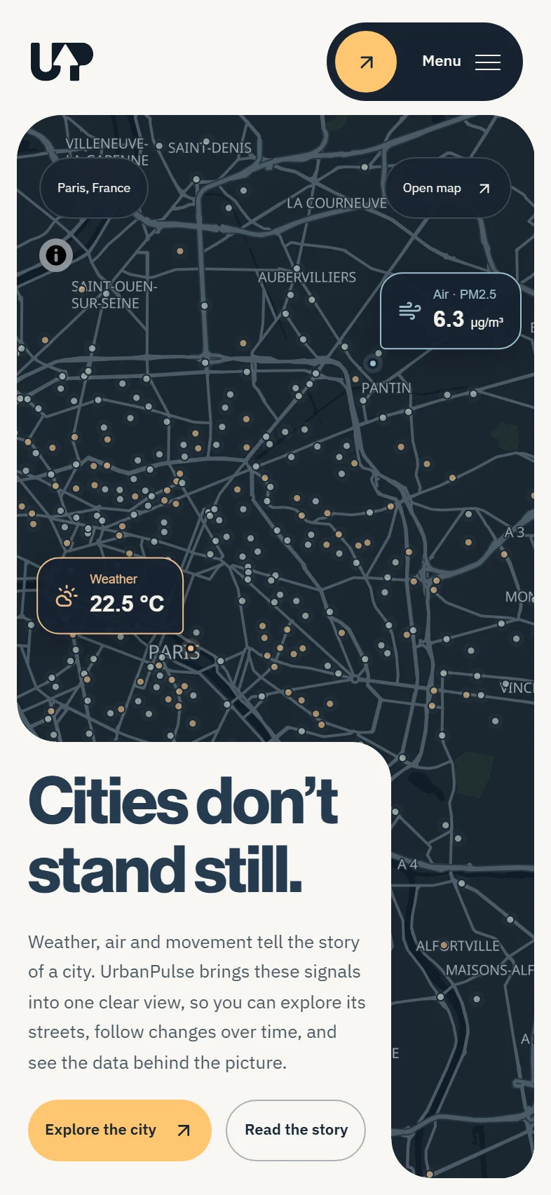 UrbanPulse landing page on mobile showing a Paris street scene and the headline Every street. A story.