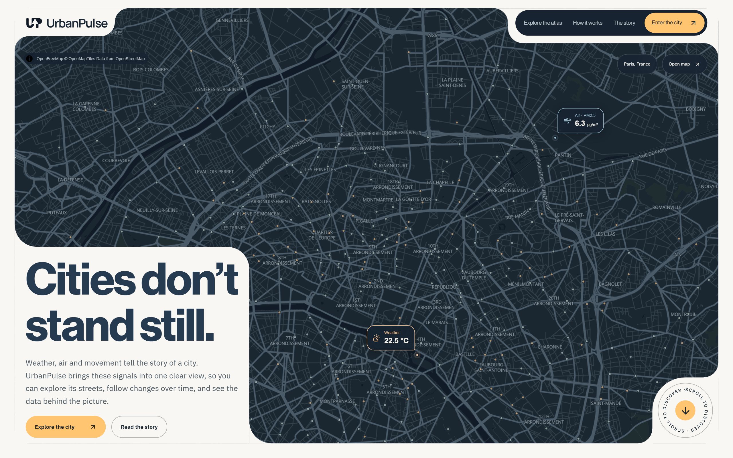 UrbanPulse landing page with a Paris map and the headline Cities don't stand still