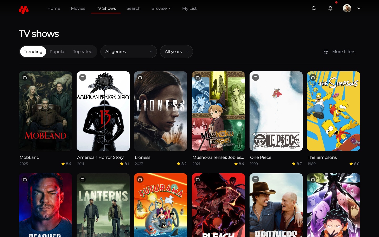 YMovies TV catalogue with trending, genre, and year filters above a grid of shows