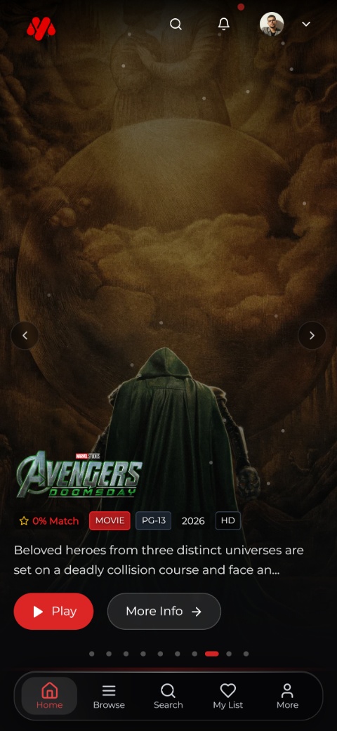 YMovies mobile discovery screen featuring Avengers: Doomsday