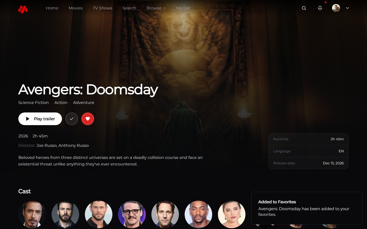 YMovies Avengers: Doomsday film page showing a saved favourite and its cast
