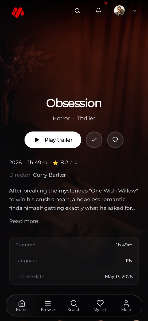 YMovies Obsession film page on mobile with trailer, saved-title actions, and film details